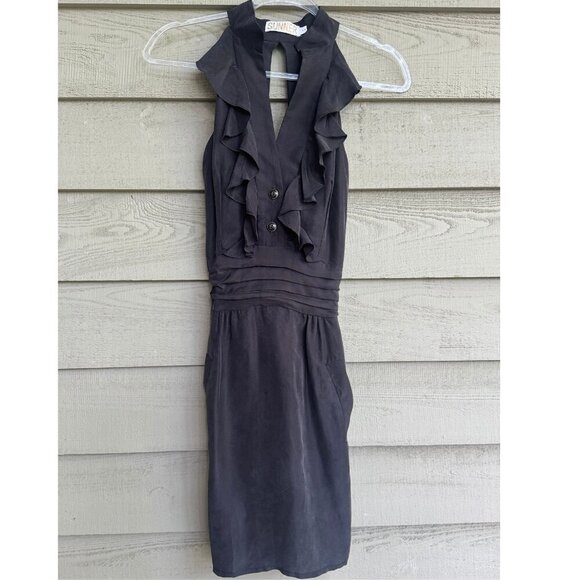 Sunner Black Silk Halter Dress Size 4 Ruffle Front Cocktail Party - Picture 2 of 9